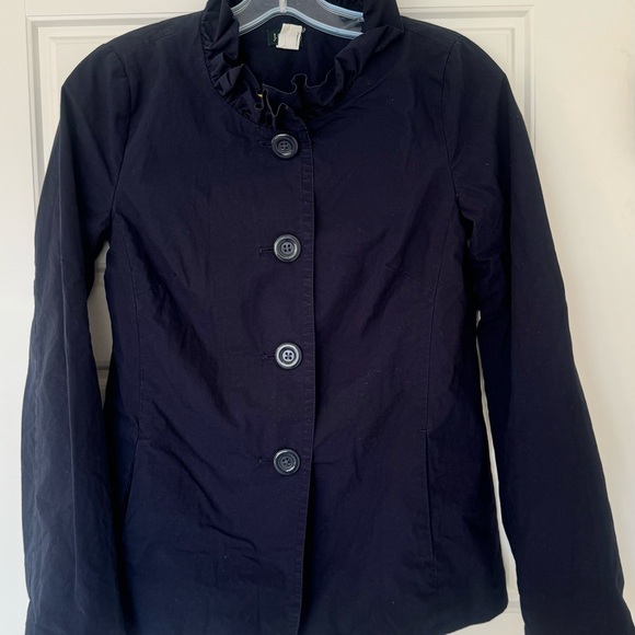 J Crew Women’s Size 0 Cotton Blazer Navy Ruffle Collar Y2K Button‎ Front - Picture 6 of 7